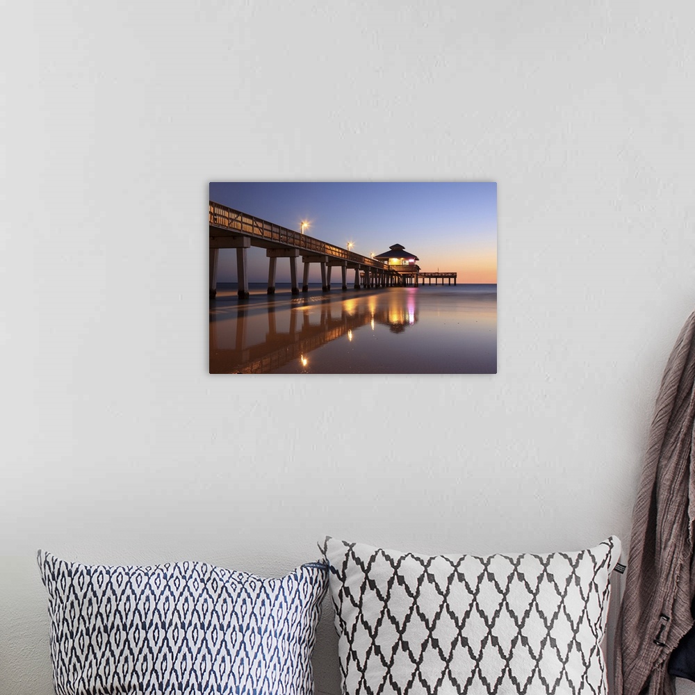 Sunset at Fishing Pier, Fort Myers Beach, Florida | Large Floating Frame Canvas Wall Art | Great Big Canvas