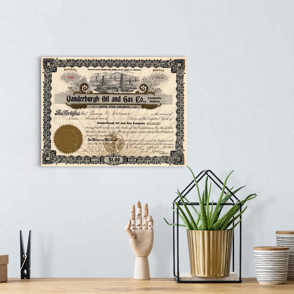 A bohemian room featuring Stock certificate for 1000 Shares of the Vanderburgh Oil and Gas Company of Evansville, Indiana, ...
