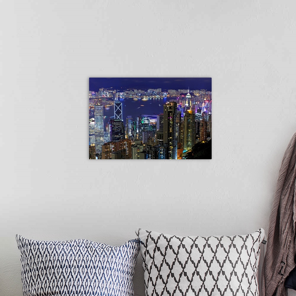 A bohemian room featuring View of cityscape of Hong Kong at night.