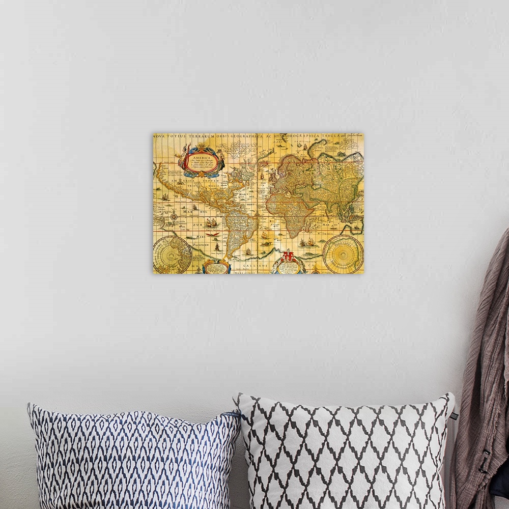 A bohemian room featuring Photograph of an antique map of the world portraying the continents with latitude and longitude l...