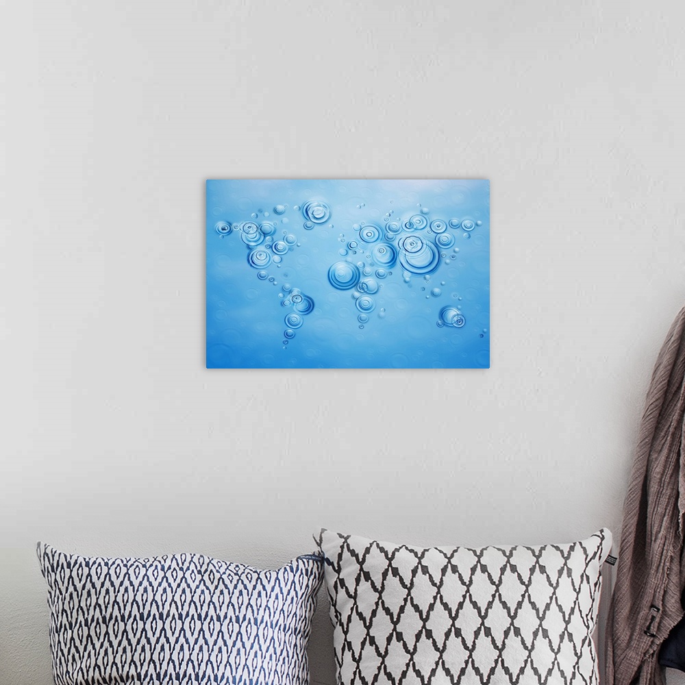 A bohemian room featuring World map made out of raindrops falling on water, close-up (digital composite)