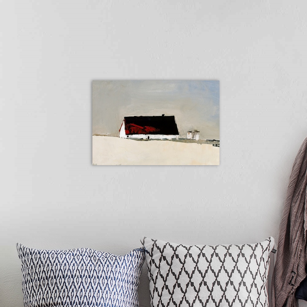 A bohemian room featuring Contemporary painting of a red roof barn sitting on a white field with two silos in the background.