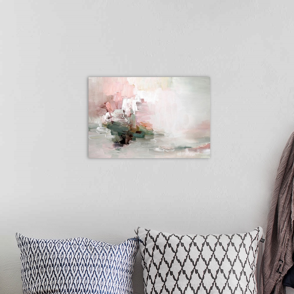 A bohemian room featuring A beautiful contemporary abstract painting with thick brushstrokes, in shades of pink and white w...