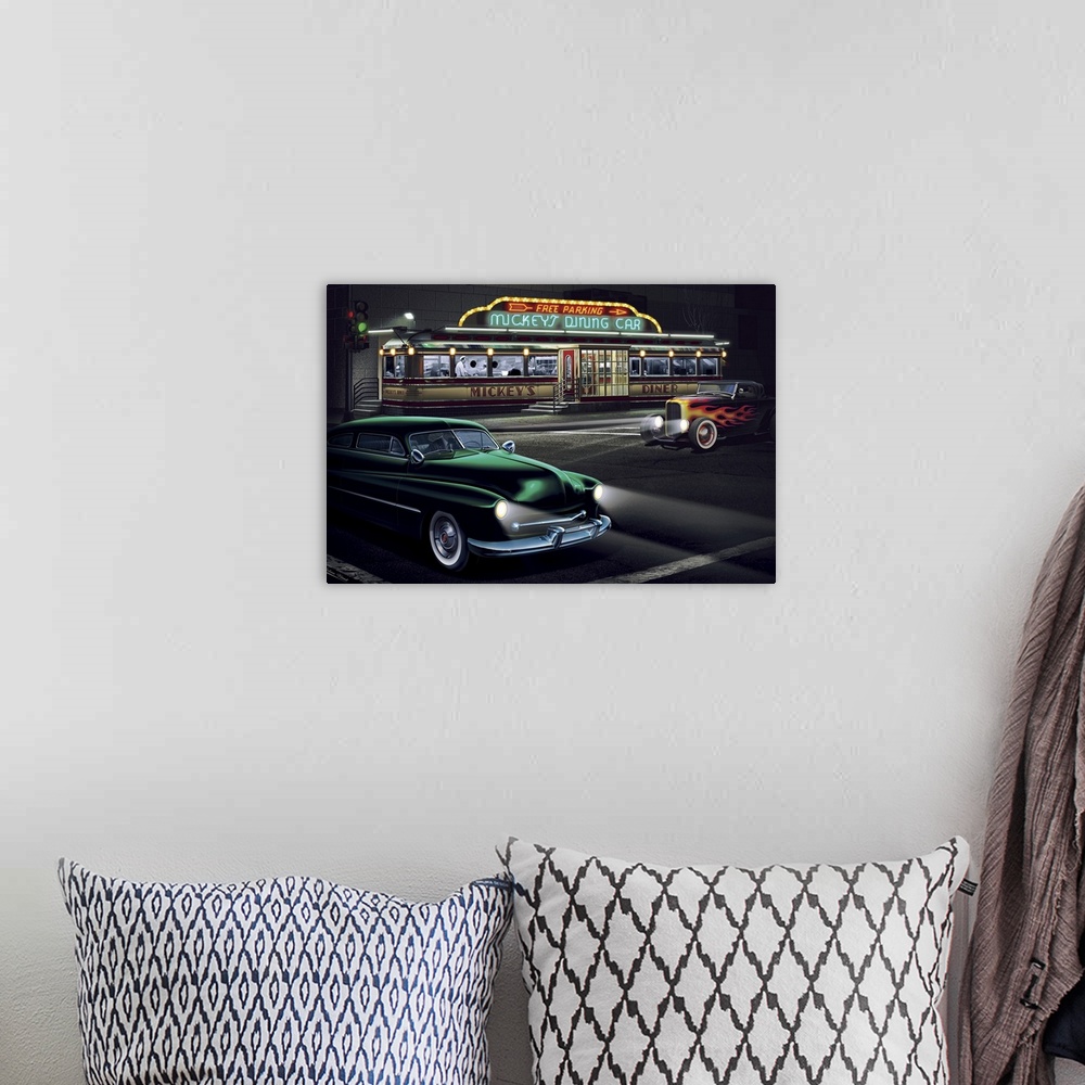 A bohemian room featuring Digital art painting of Mickey's Diner with racing hot rods by Helen Flint.