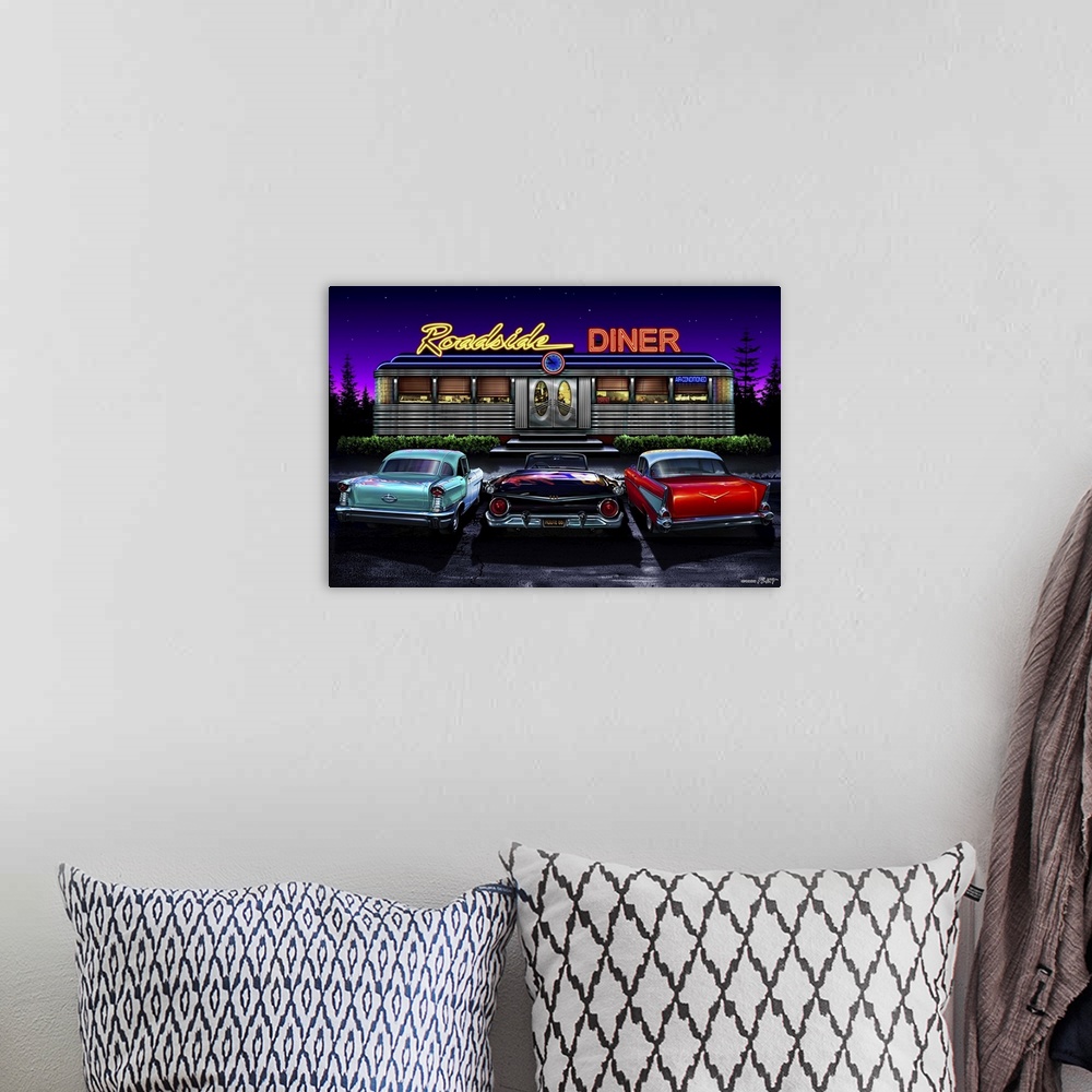 A bohemian room featuring Digital art painting of the Roadside Diner with hot rod cars parked outside by Helen Flint.