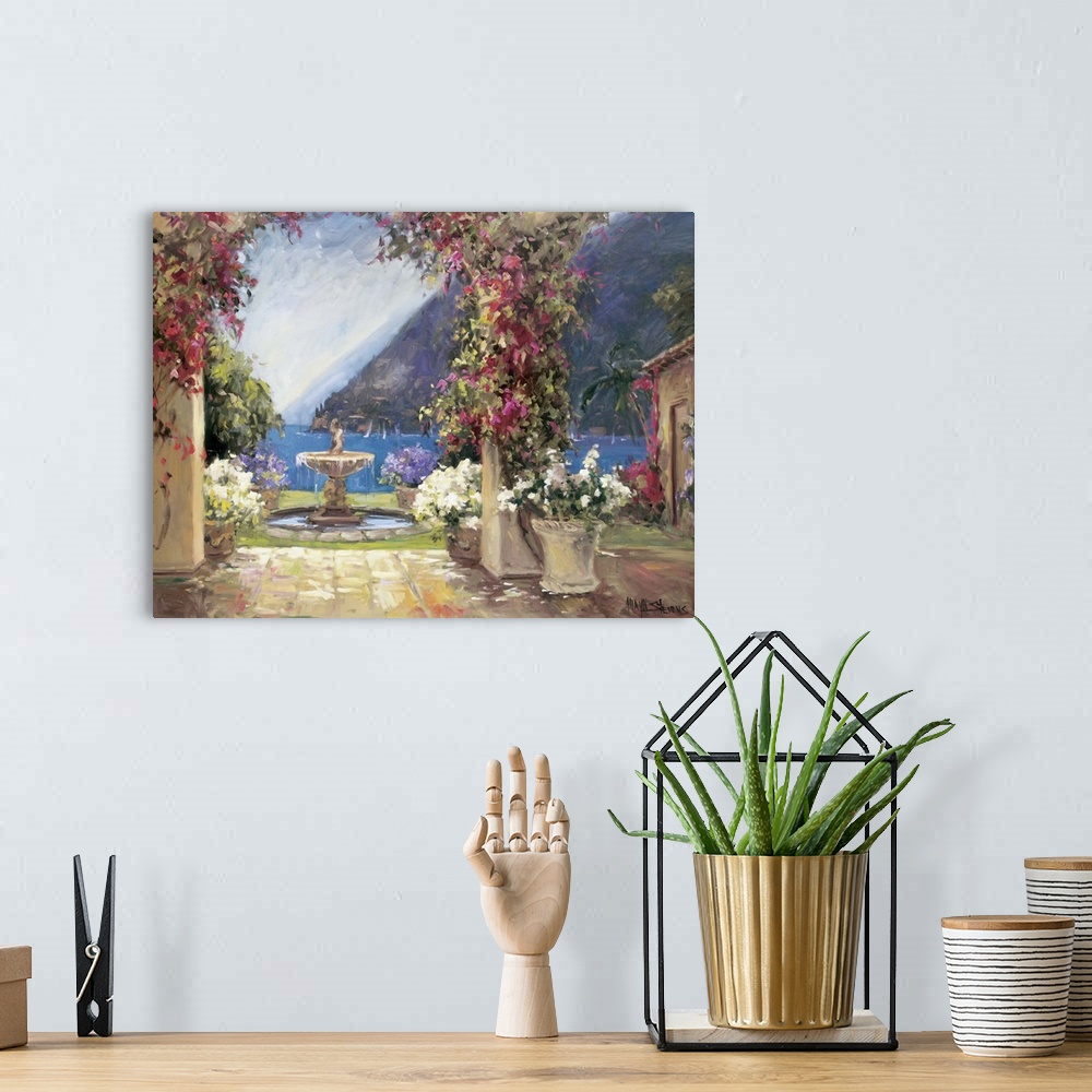 A bohemian room featuring Fine art oil painting landscape of a seaside fountain and terrace with flowering plants overlooki...