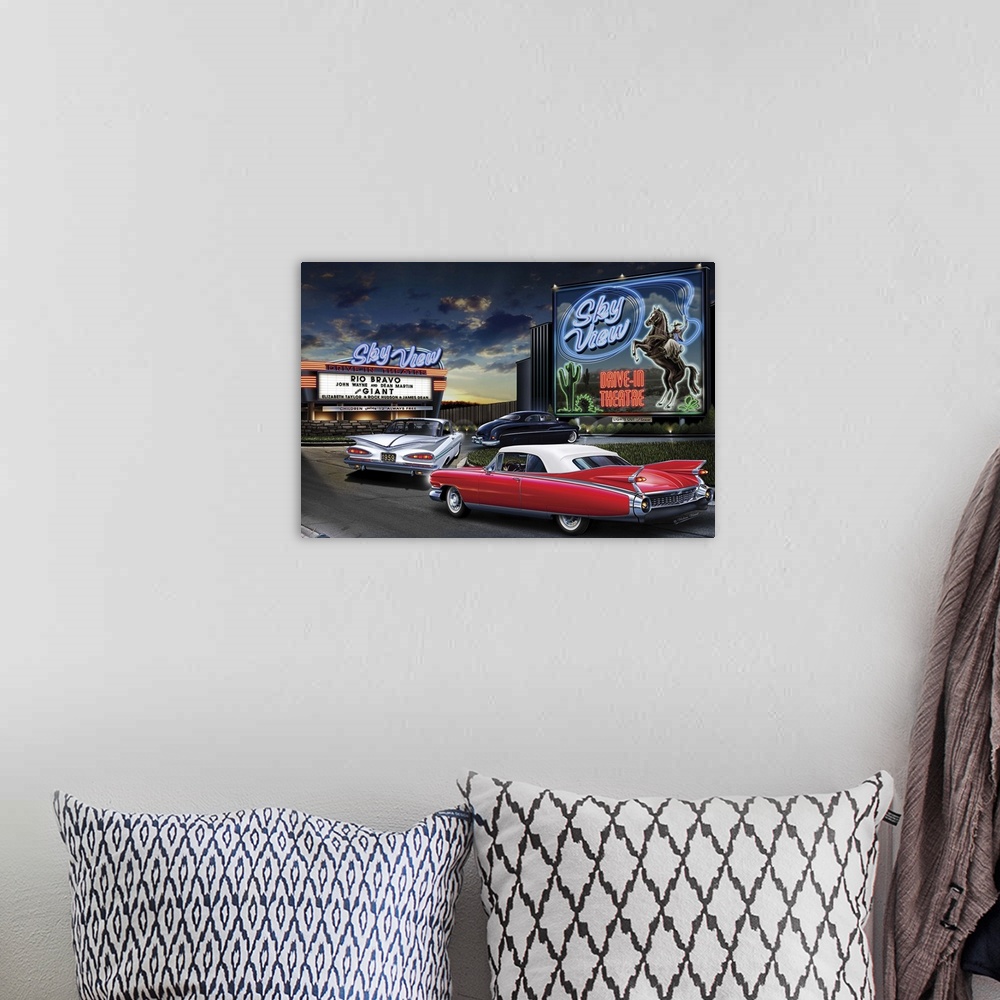 A bohemian room featuring Digital art painting of the Sky View drive-in theater, playing Rio Bravo and Giant, with classic ...