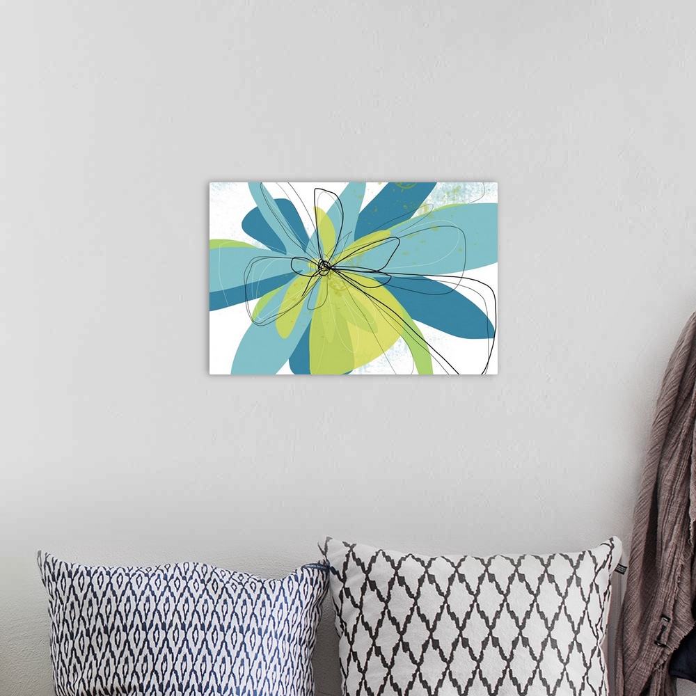 A bohemian room featuring A contemporary abstract of a flower with yellow-green, green, and teal with squiggly black lines ...