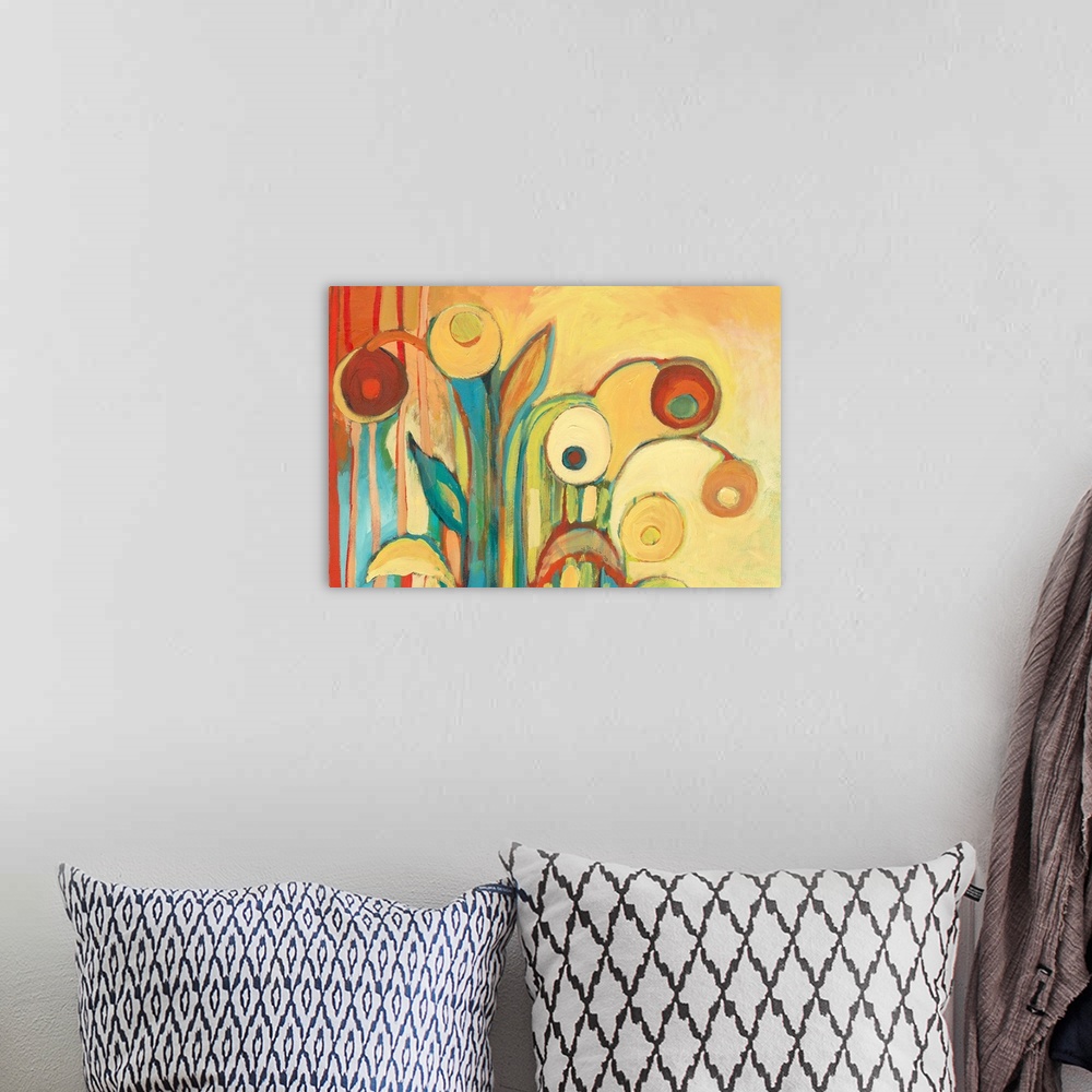 A bohemian room featuring Abstract painting of circular flowers that are a part of a garden.
