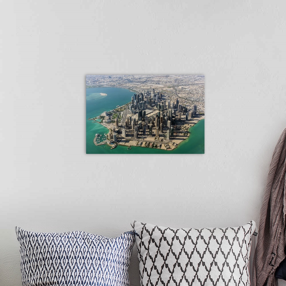 A bohemian room featuring Aerial view of the financial district, Doha, Qatar.