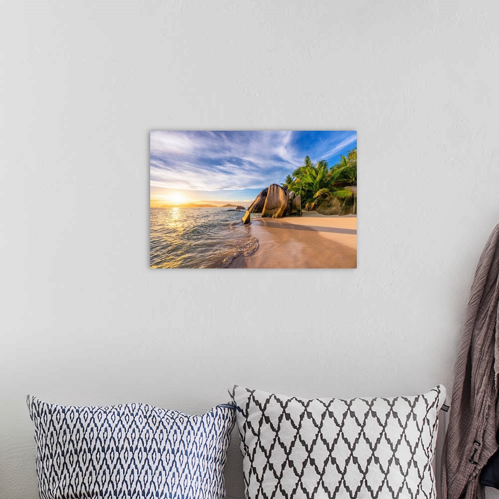 A bohemian room featuring Anse Source d'Argent beach, La Digue island, Seychelles, Africa.