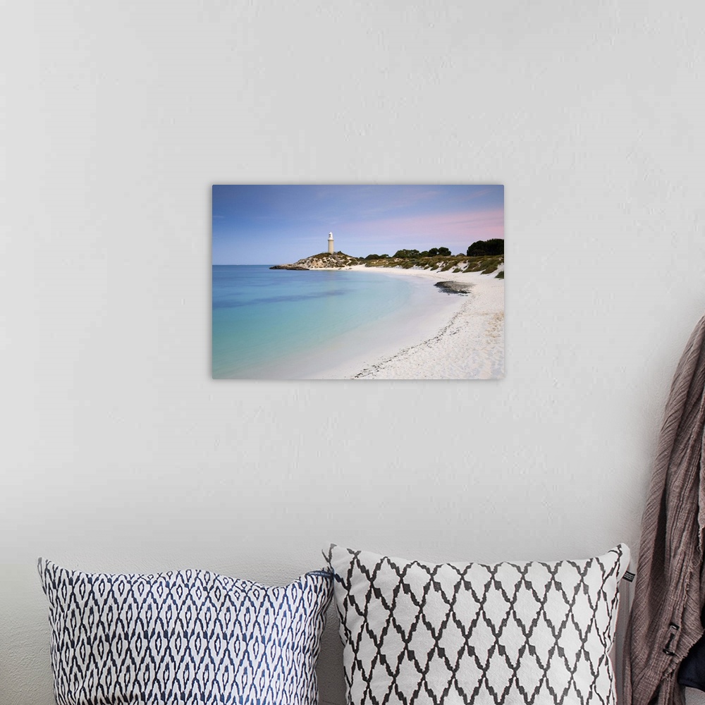 A bohemian room featuring Australia, Western Australia, Rottnest Island. View along Pinky Beach to Bathurst lighthouse at d...
