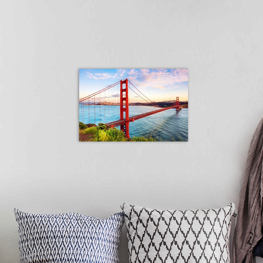 A bohemian room featuring North America, USA, America, California, San Francisco, sunrise over the Golden Gate bridge.