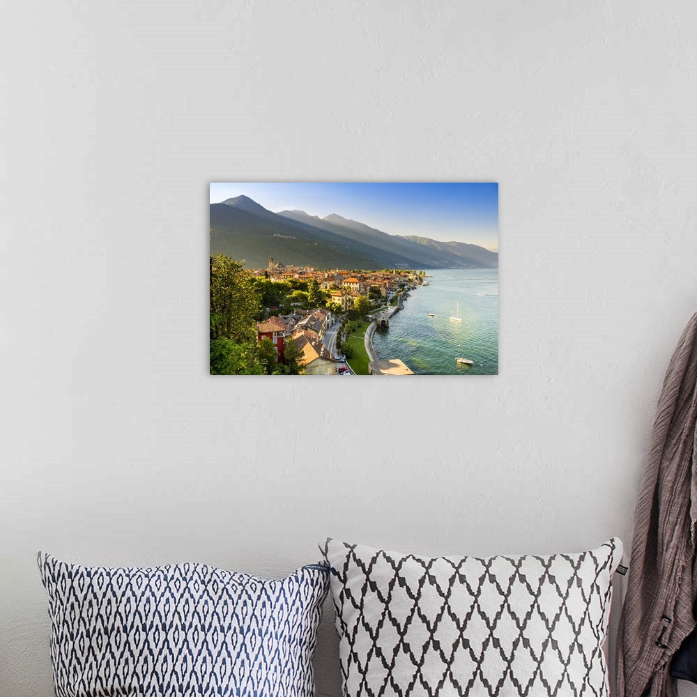 A bohemian room featuring Cannobio, Verbano-Cusio-Ossola, Lake Maggiore, Piedmont, Italy. High angle view over the old town...