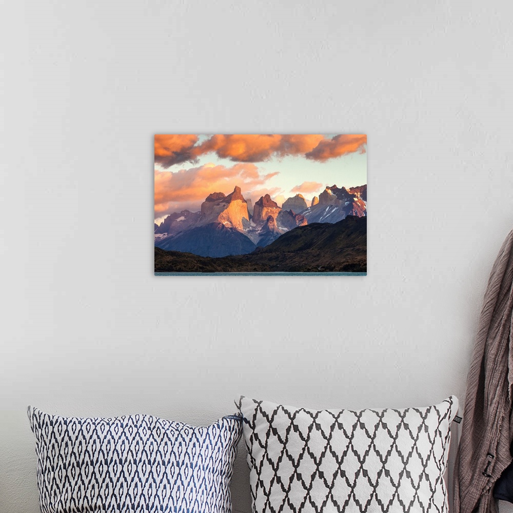 A bohemian room featuring Chile, Magallanes Region, Torres del Paine National Park, Lago Pehoe, dawn landscape