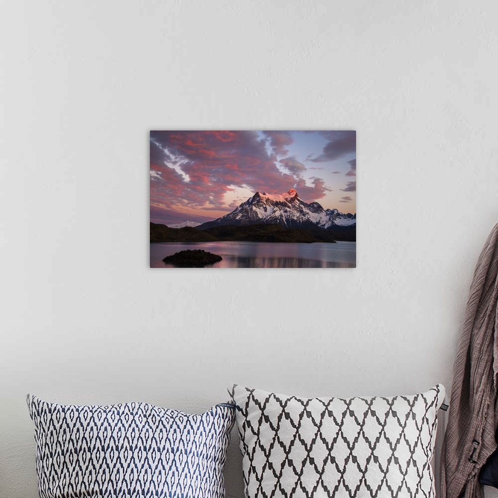 A bohemian room featuring Chile, Torres del Paine, Magallanes Province. Sunrise over Cerro Paine Grande with Lake Pehoe in ...