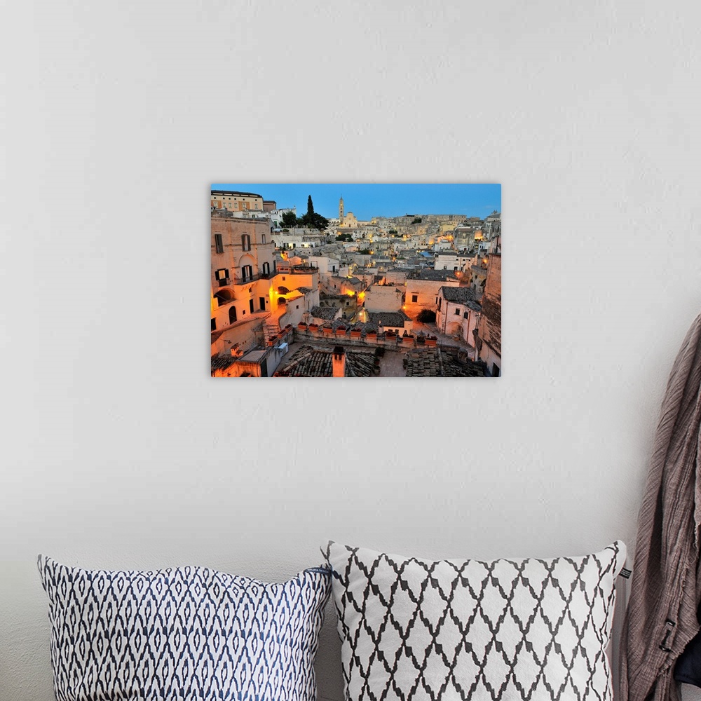 A bohemian room featuring Cityscape Of "Sassi" In Matera, Region Of Basilicata, Italy, Europe.