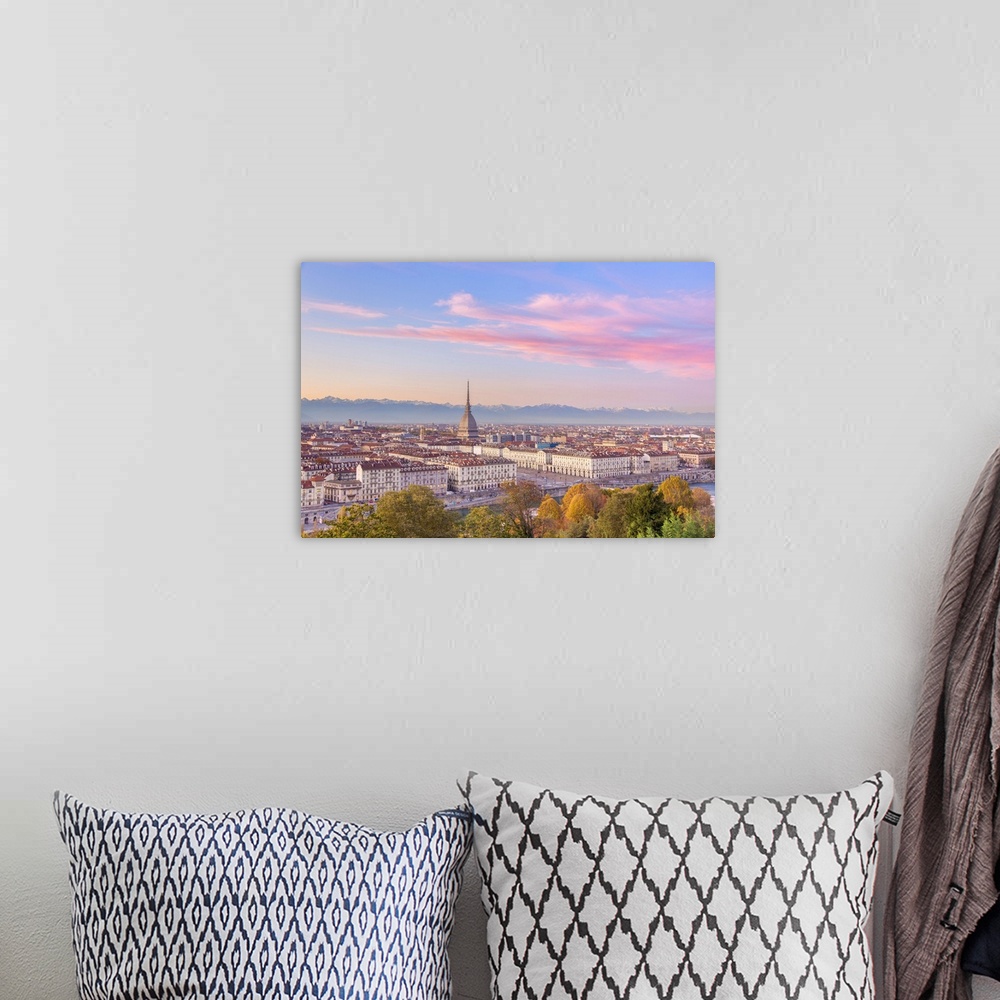 A bohemian room featuring Elevated view of old town of Turin (Torino) at sunset. Piemonte region, Italy, Europe.