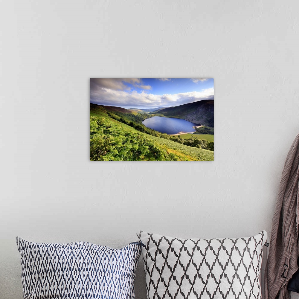 A bohemian room featuring Europe, Ireland, Wicklow, blue lake near Sally's Gap at sunset