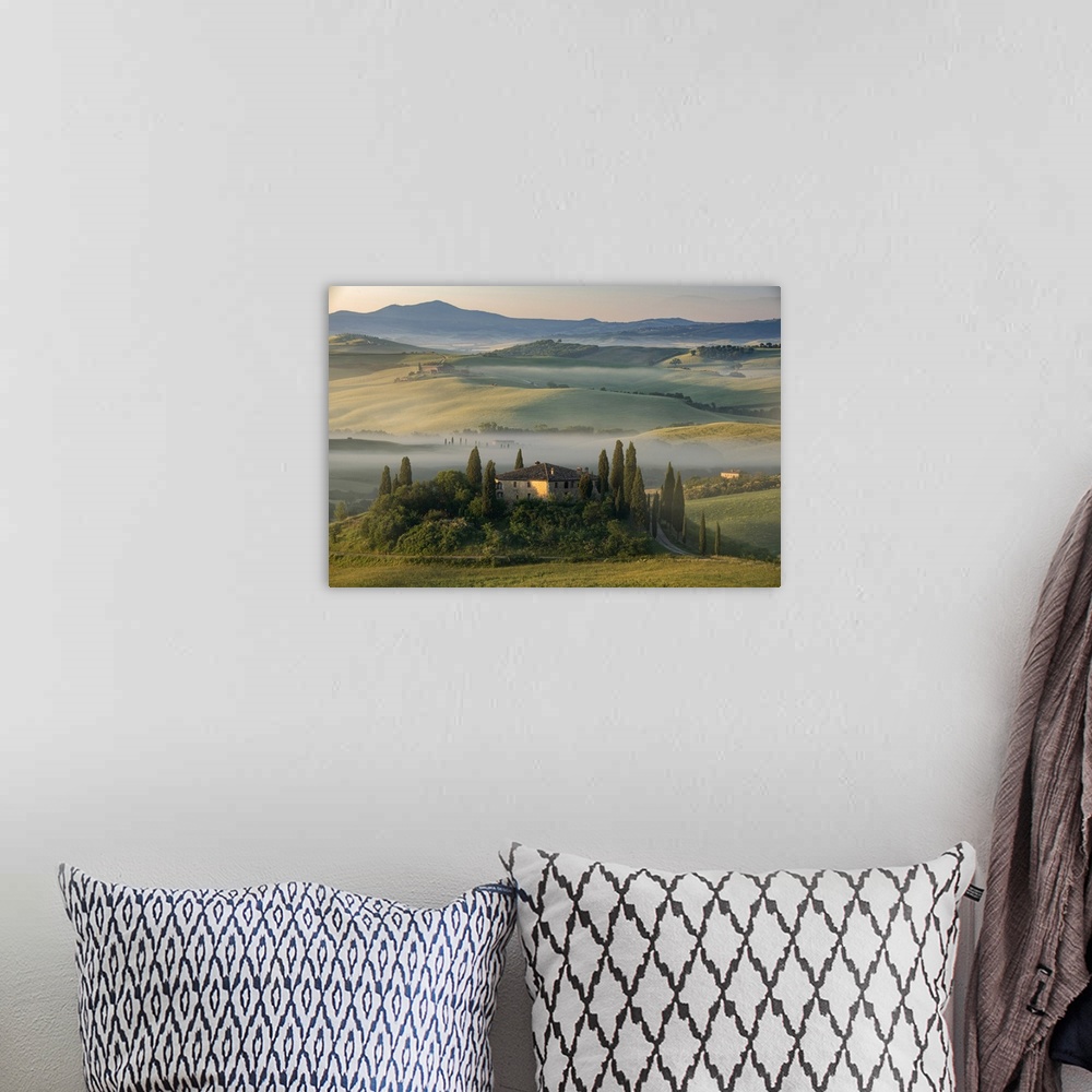 A bohemian room featuring Europe, Italy, Tuscany, Toscana,San Quirico d'Orcia, farm house in the morning