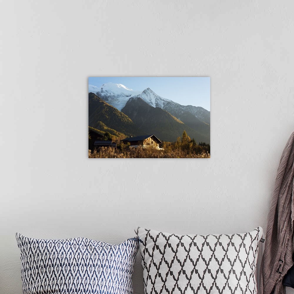 A bohemian room featuring Europe, France, Haute Savoie, Rhone Alps, Chamonix Valley, chalet below Mont Blanc.