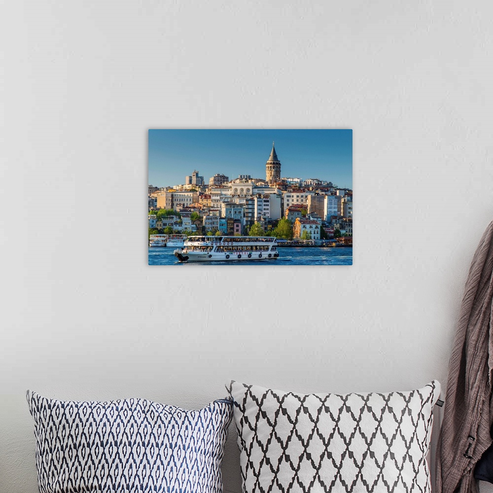 A bohemian room featuring Galata district skyline with Galata Tower, Istanbul, Turkey.