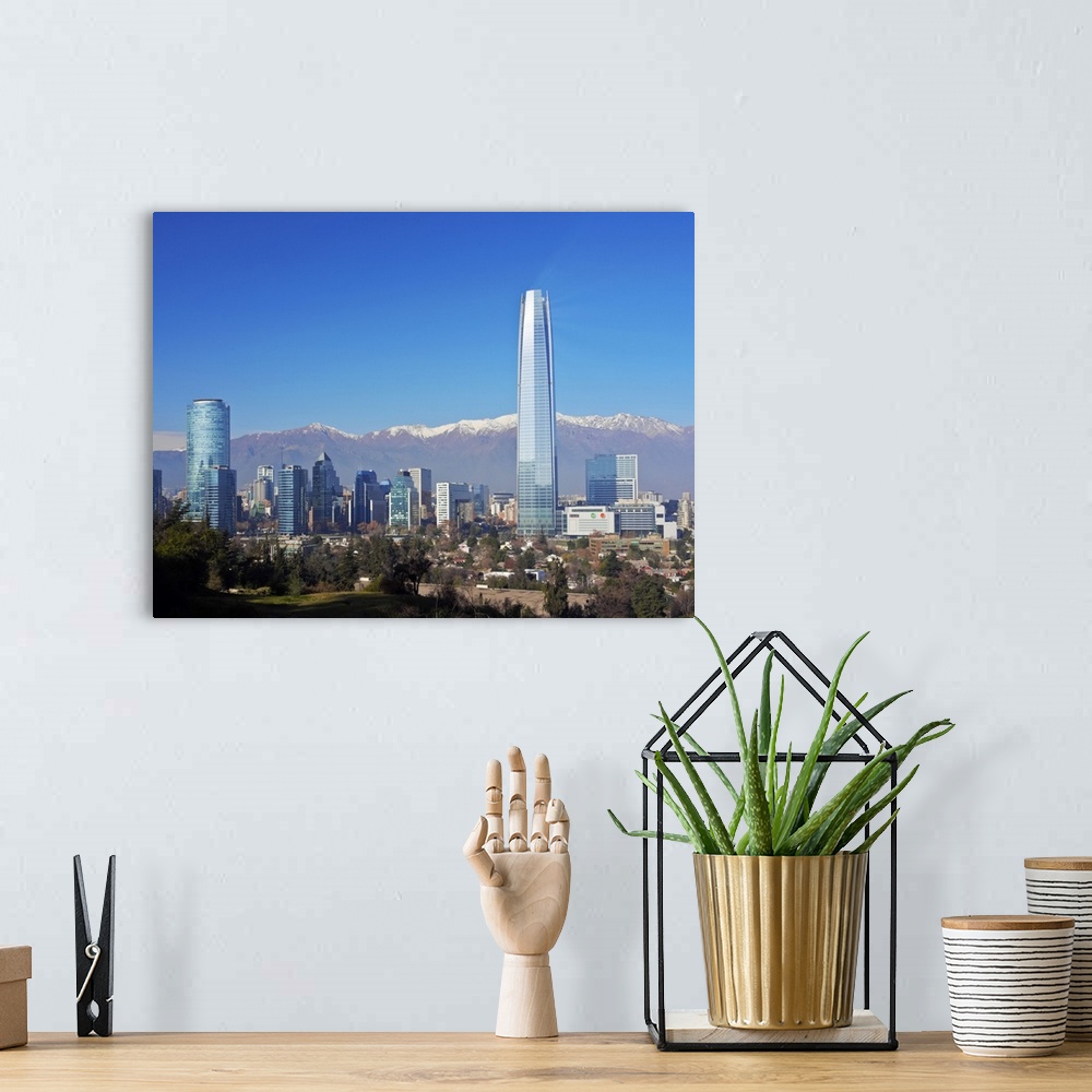 A bohemian room featuring Chile, Santiago, View from the Parque Metropolitano towards the high raised buildings with Costan...