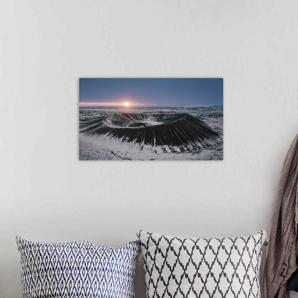 A bohemian room featuring Hverfjall crater at sunrise, Iceland, Northern Europe