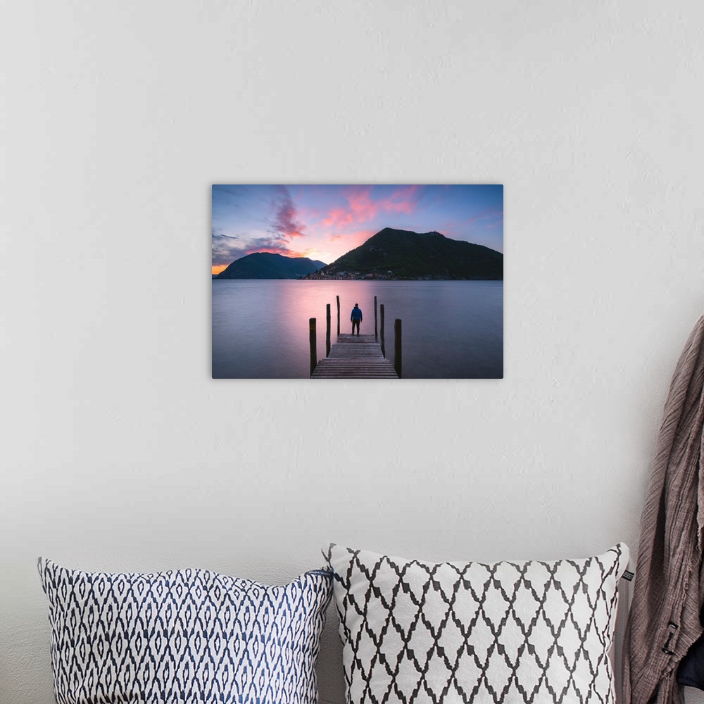A bohemian room featuring Iseo lake at sunset, Brescia province, Lombardy district, Italy, Europe