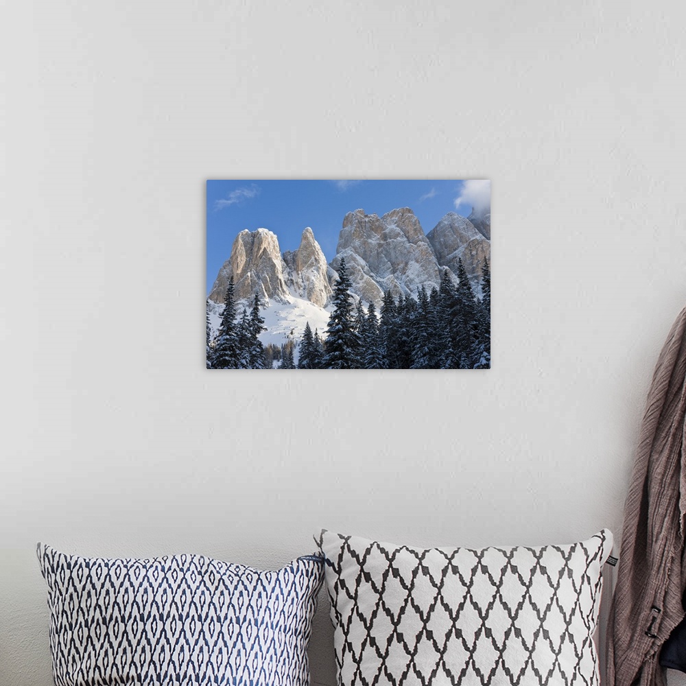 A bohemian room featuring Winter landscape, Le Odle Group / Geisler Spitzen (3060m), Val di Funes, Italian Dolomites mounta...