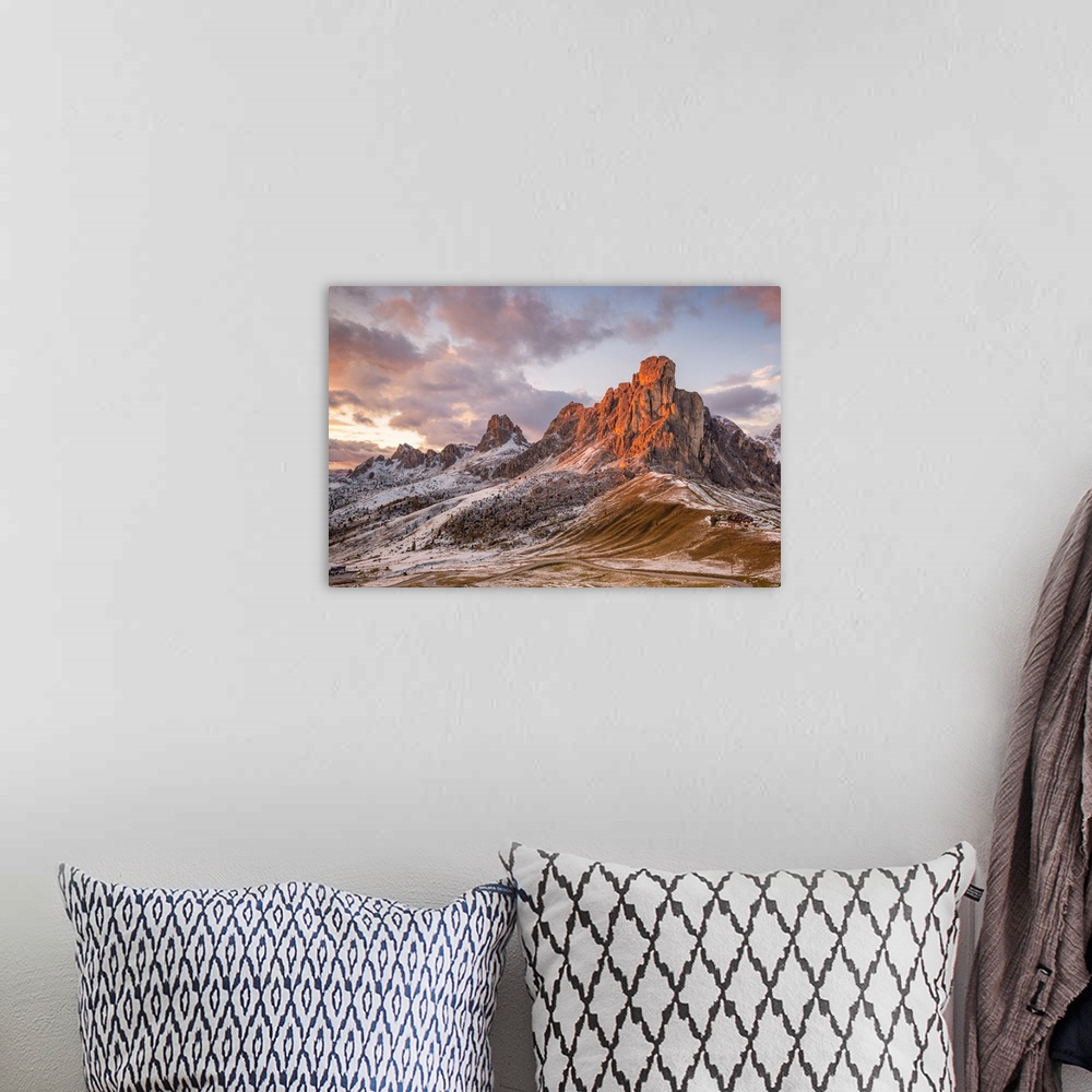 A bohemian room featuring Mount Ra Gusela at sunset, Giau pass, Colle Santa Lucia, Belluno district, Veneto, Italy.
