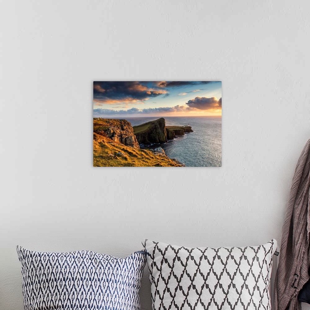 A bohemian room featuring Neist Point Lighthouse At Sunset, Isle Of Skye, Highland Region, Scotland