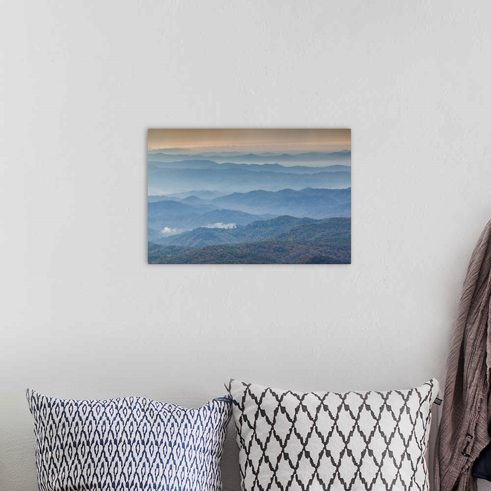 A bohemian room featuring USA, North Carolina, Grandfather Mountain State Park, view of the Blue Ridge Mountains, morning