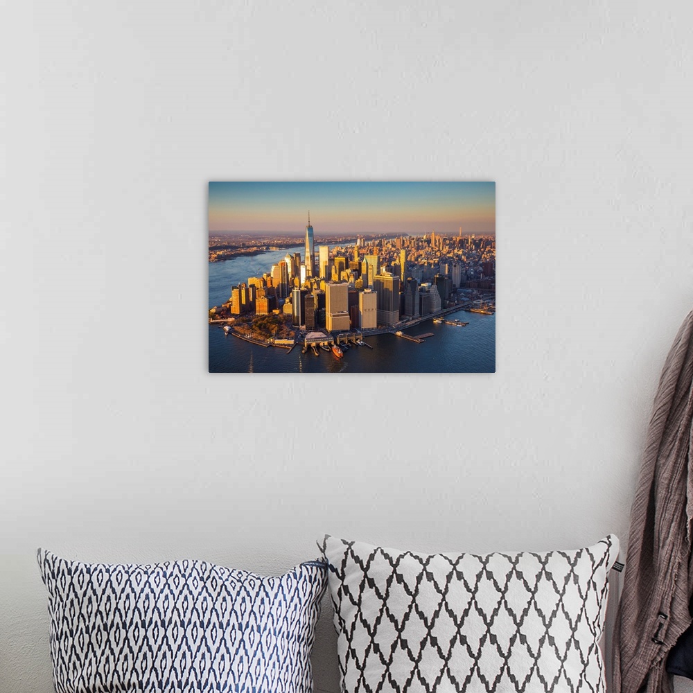 A bohemian room featuring One World Trade Center and Lower Manhattan, New York City, New York, USA.