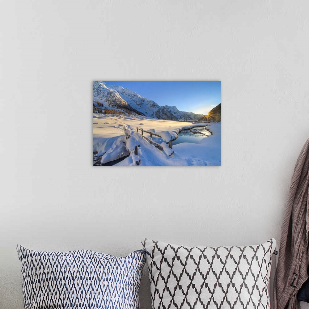A bohemian room featuring Pristine snow in winter in Rezzalo valley, Sondrio district, Valtellina, Lombardy, Italy.