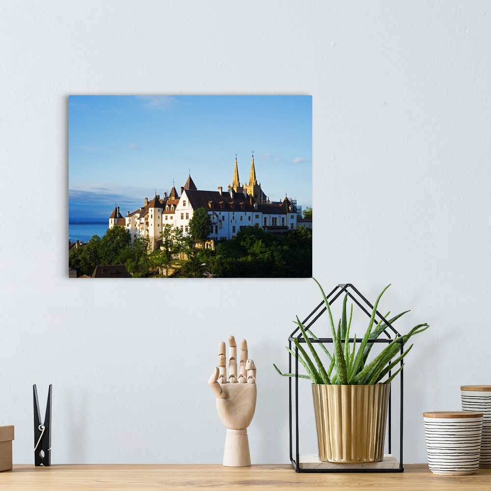 A bohemian room featuring Europe, Switzerland, Neuchatel, 15th century chateau and cathedral.