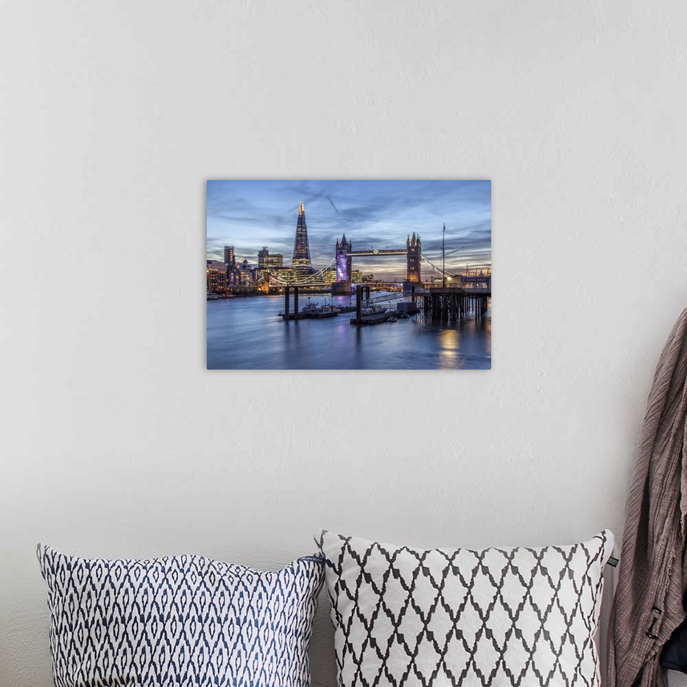 A bohemian room featuring The Tower Bridge in London seen from the east at dusk. In the background on the left the Shard sk...