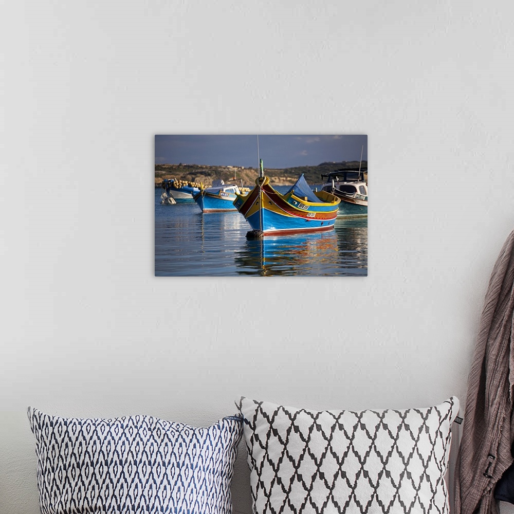A bohemian room featuring Malta, Europe, Colourful traditional Maltese boats known locally as 'luzzu' in the village of Mar...