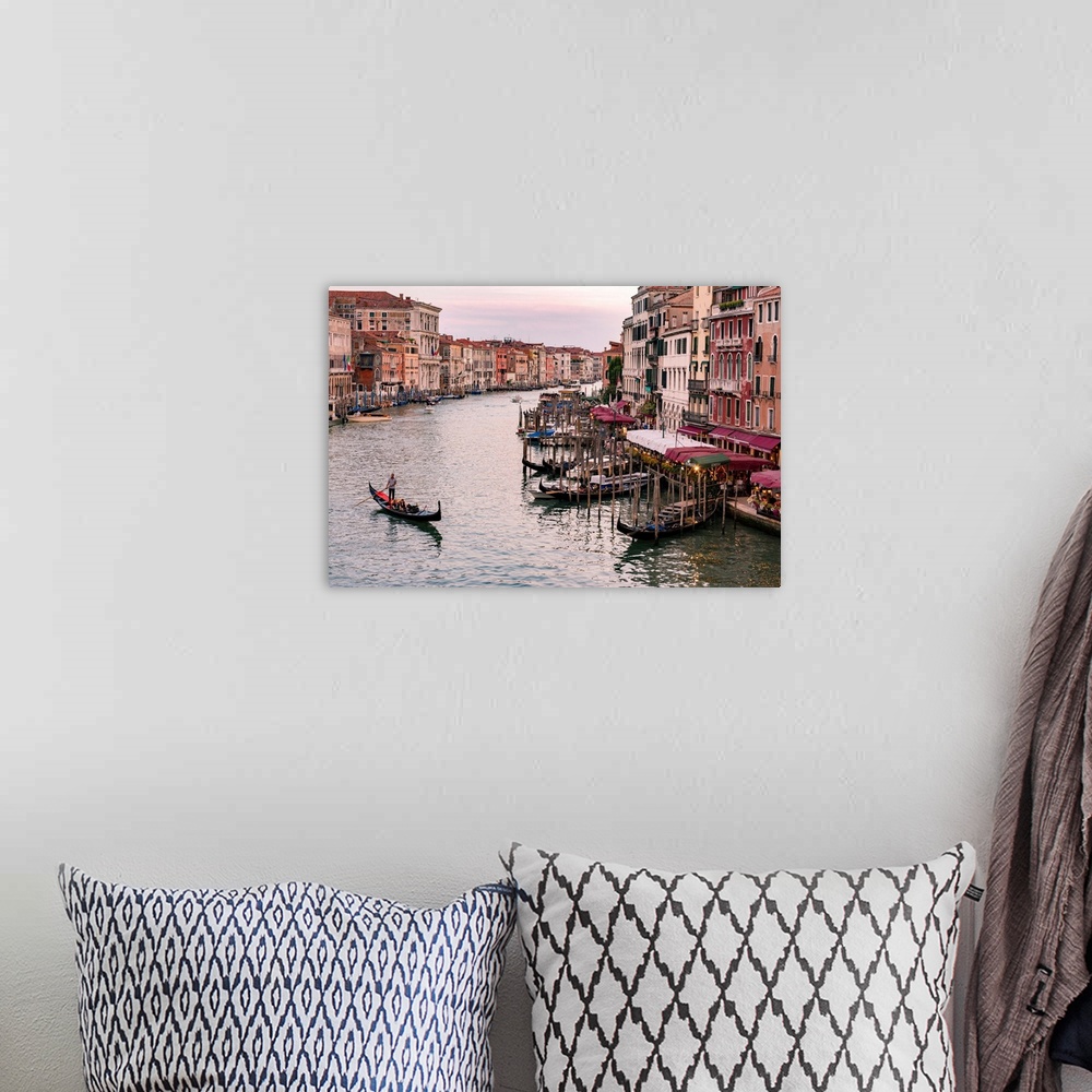 A bohemian room featuring Venice, Veneto, Italy. Buildings and gondola from Rialto Bridge.