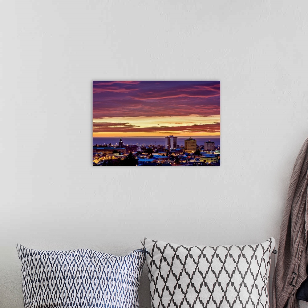 A bohemian room featuring View over city towards Strait of Magellan at sunrise, Punta Arenas, Magallanes Province, Patagoni...
