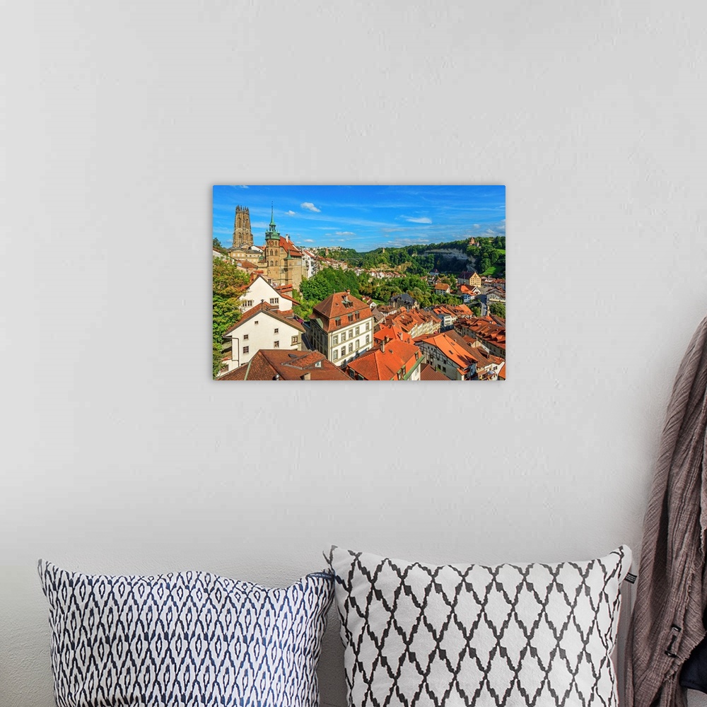 A bohemian room featuring View Over Fribourg With Cathedral And Town Hall, Fribourg, Switzerland