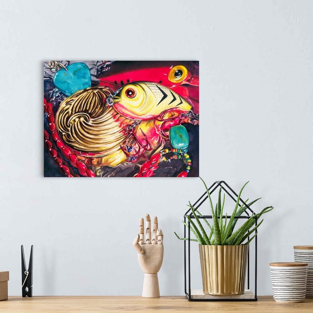 A bohemian room featuring Watercolor painting of a yellow lure sits on aluminum foil and interacts with a gold compact, cor...