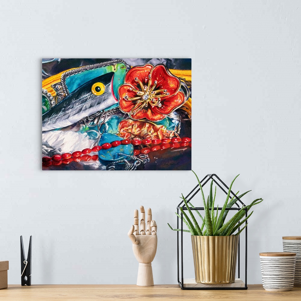 A bohemian room featuring Watercolor painting of a fishing lure sits on aluminum foil and interacts with a poppy pin, coral...