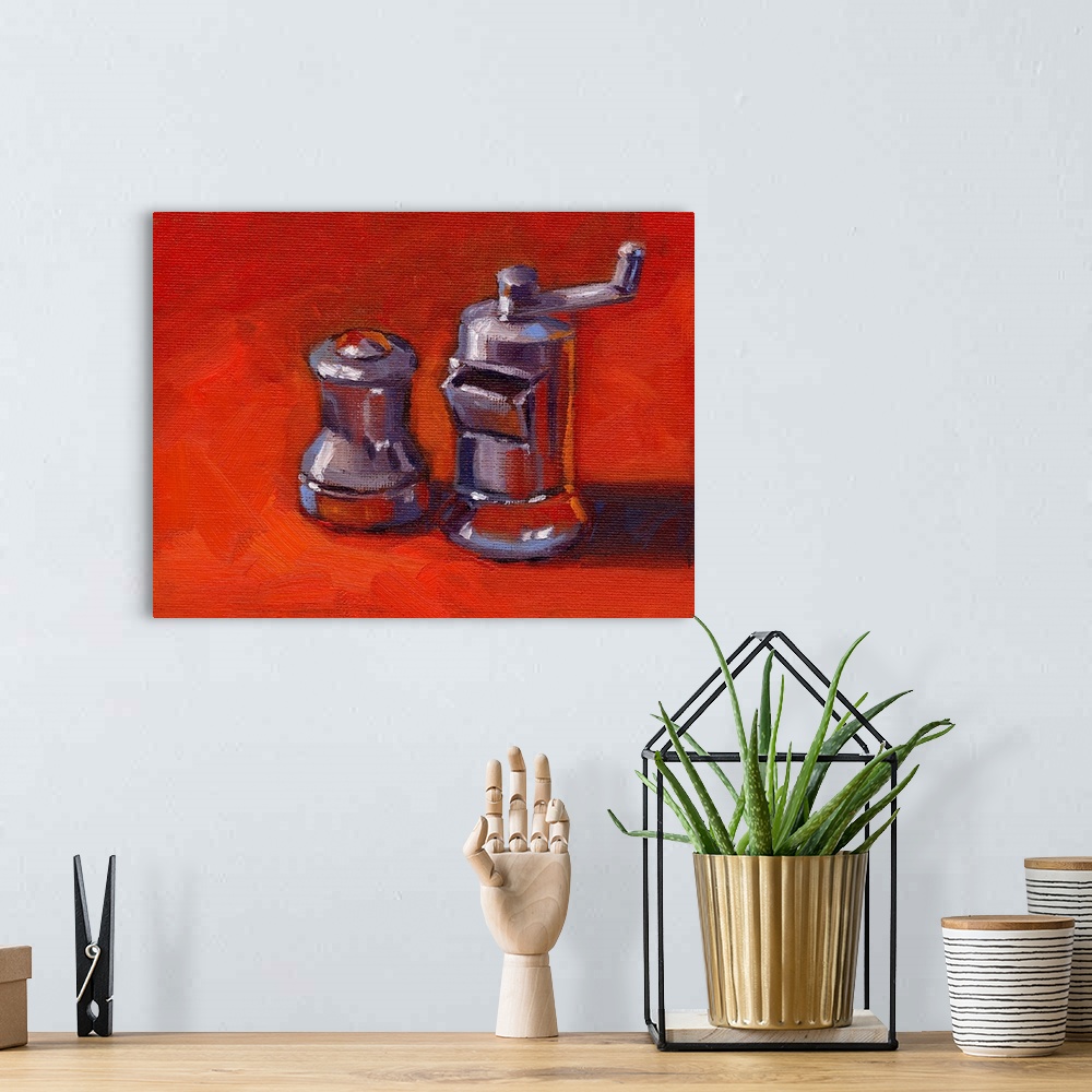 A bohemian room featuring A contemporary still life painting of a salt and pepper grinder.