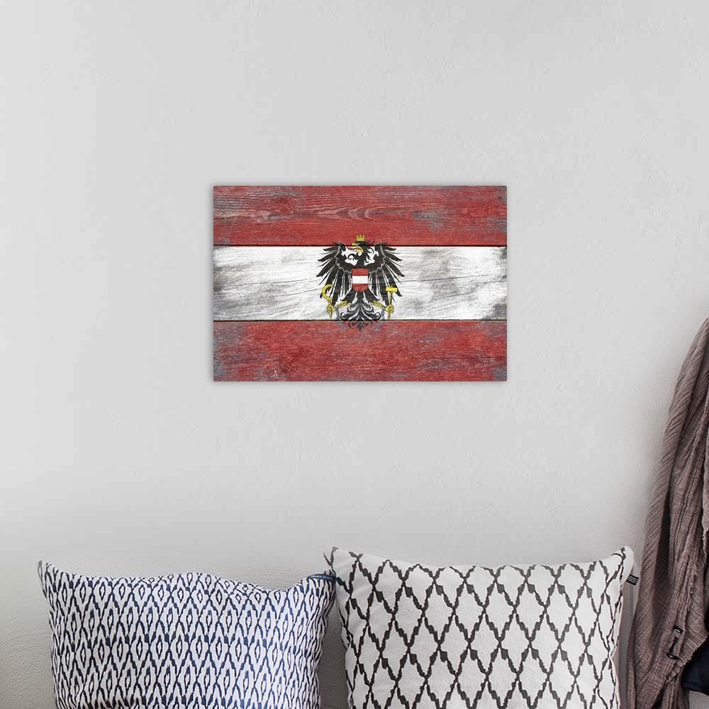 A bohemian room featuring The flag of Austria with a weathered wooden board effect.