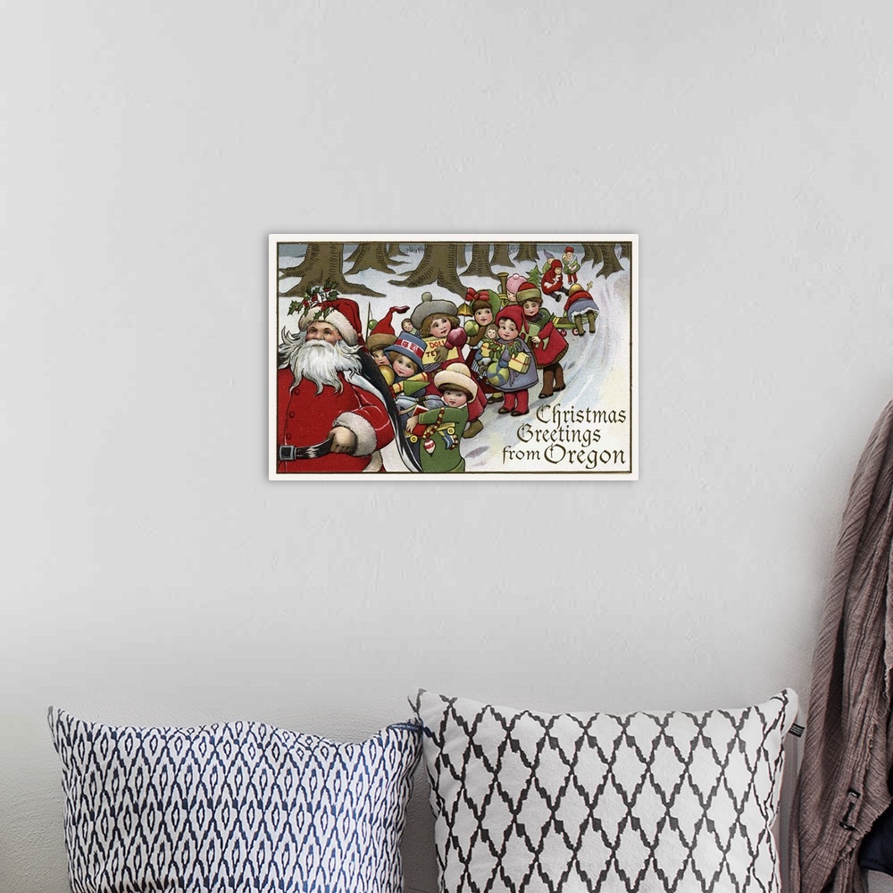 A bohemian room featuring Christmas Greetings from Oregon - Santa and Sleigh: Retro Travel Poster