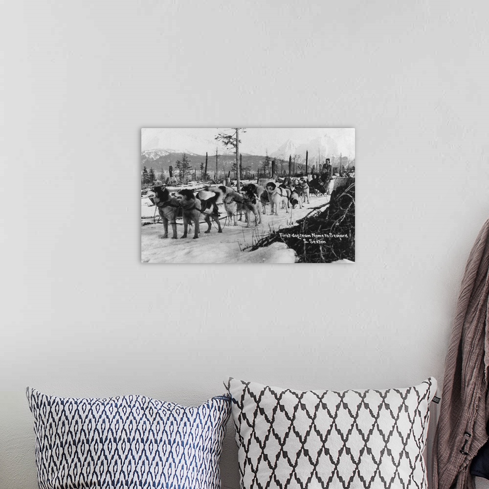 A bohemian room featuring Vintage photograph of a record breaking sled dog team in Seward.