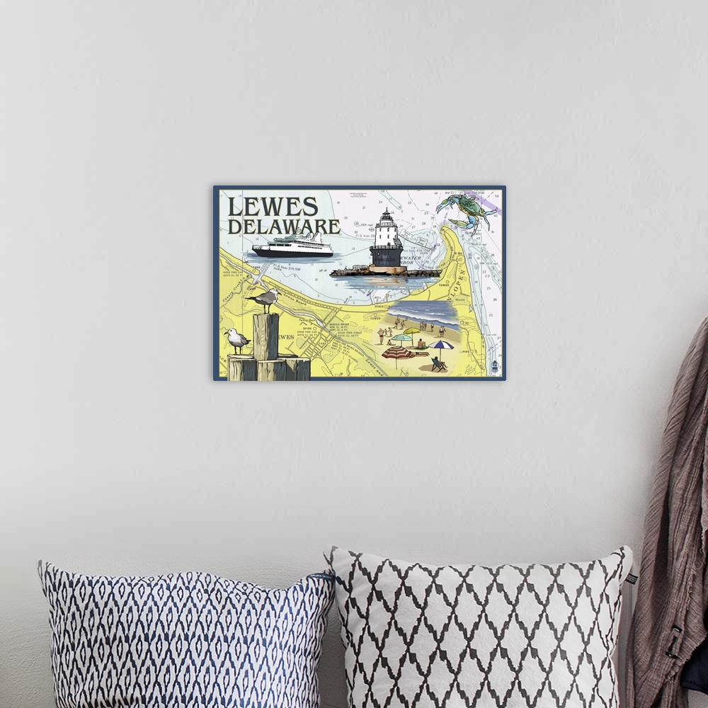 A bohemian room featuring Lewes, Delaware - Nautical Chart: Retro Travel Poster