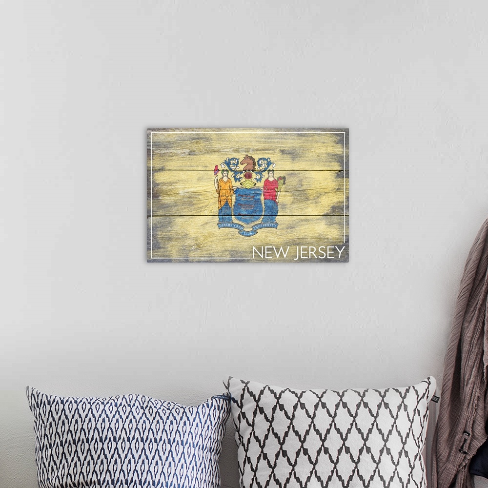 A bohemian room featuring The flag of New Jersey with a weathered wooden board effect.
