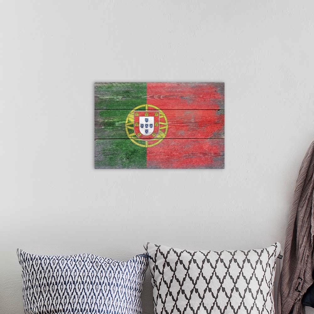 A bohemian room featuring The flag of Portugal with a weathered wooden board effect.